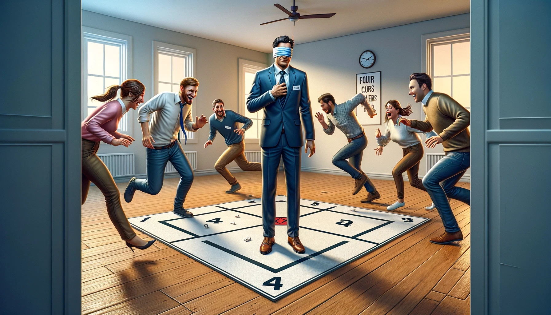 Play the Four Corners game! Players scramble to numbered corners as a blindfolded facilitator counts down and eliminates a corner.