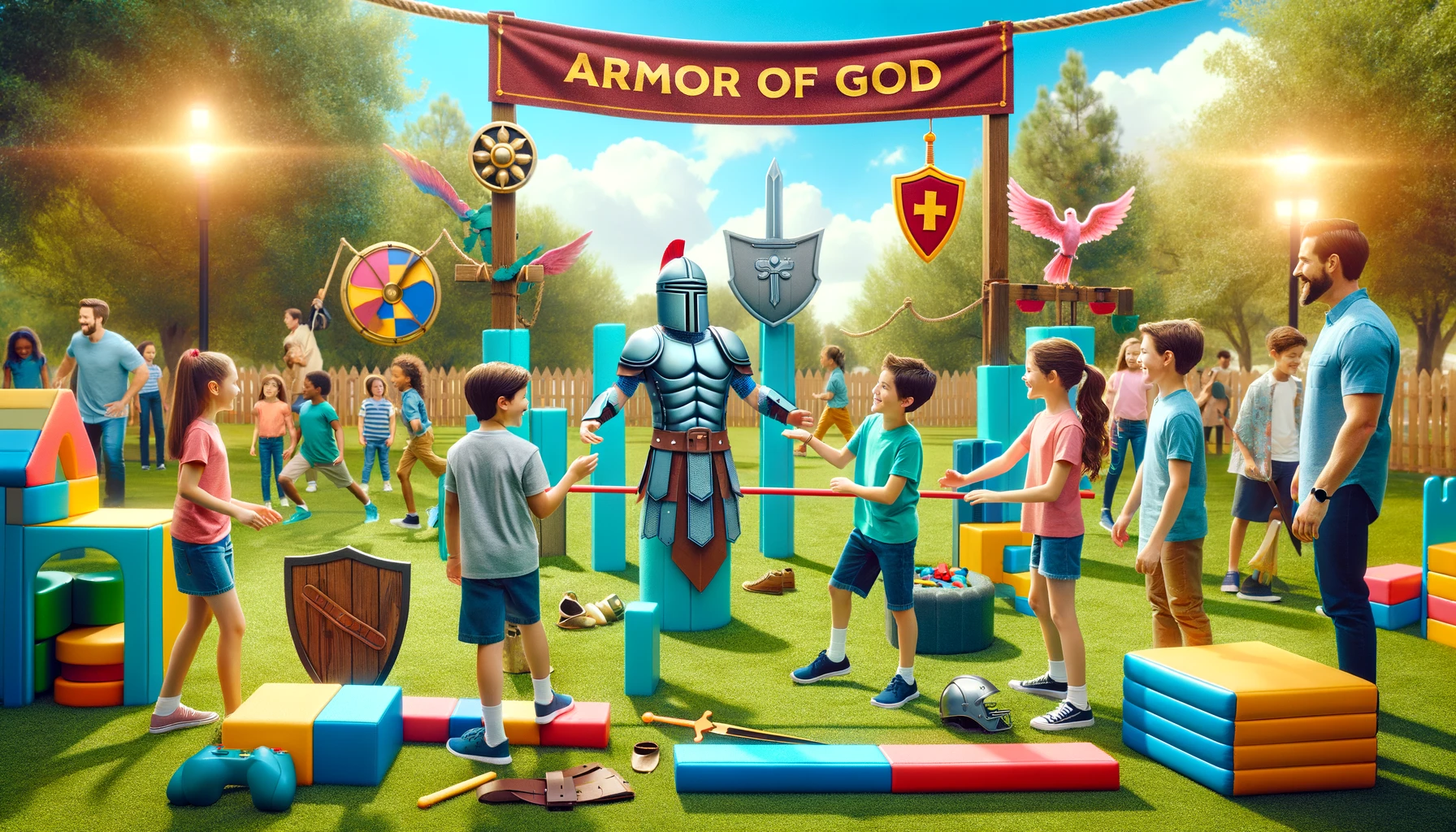 Navigate the Armour of God obstacle course! Complete challenges like a balance beam for the gospel of peace and a foam sword for the Spirit, discussing the significance of each piece.