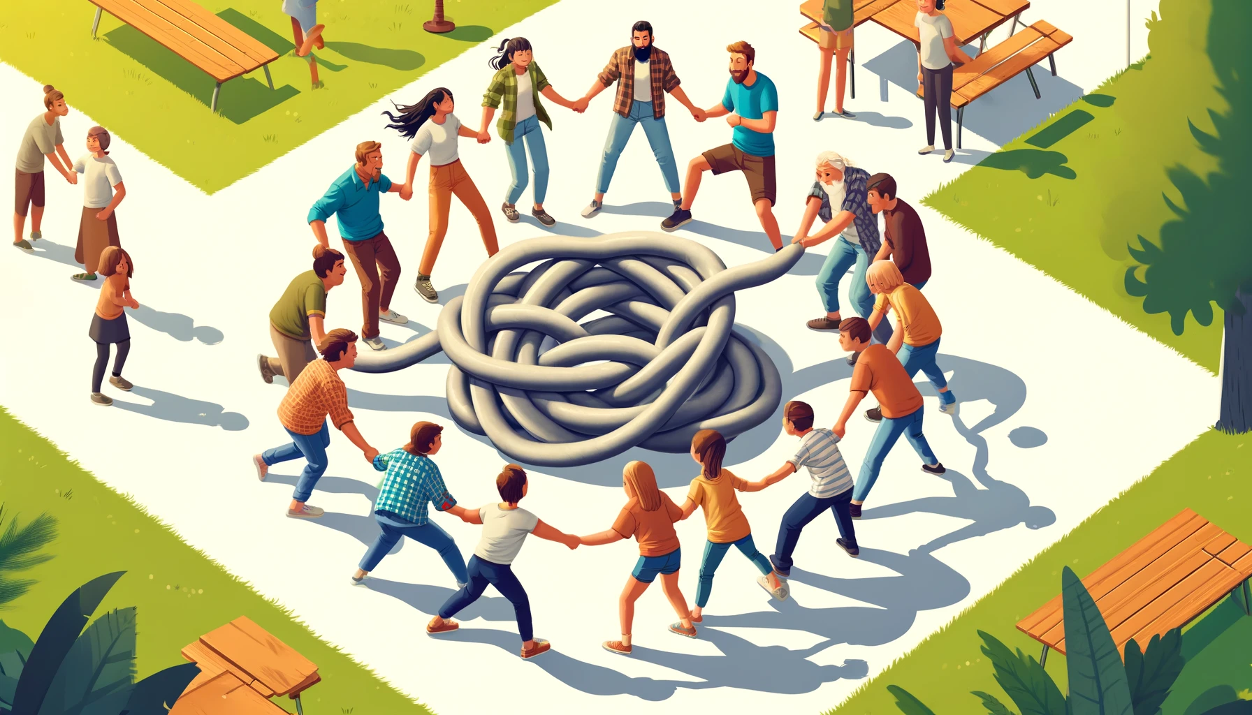 Play the Human Knot game! Stand in a circle, grab hands, and work together to untangle without letting go. Perfect for team-building and group bonding.