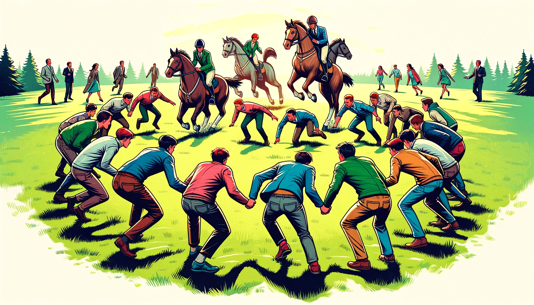 Play the Jockeys Up game! Horses and jockeys run in circles and switch directions. On "Jockeys up!" jockeys piggyback on horses. Last pair to pair up is out.