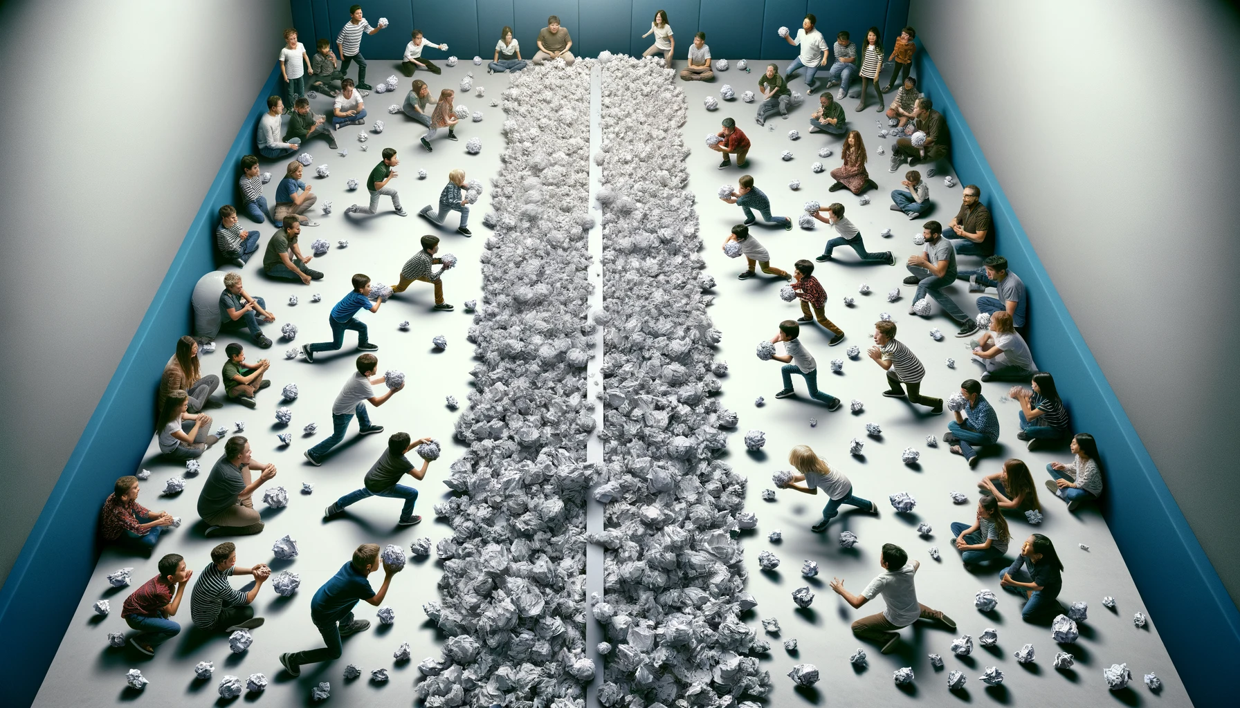 The objective of Newspaper War is to have the least amount of crumpled paper on your team's side of the room after ten minutes of play.