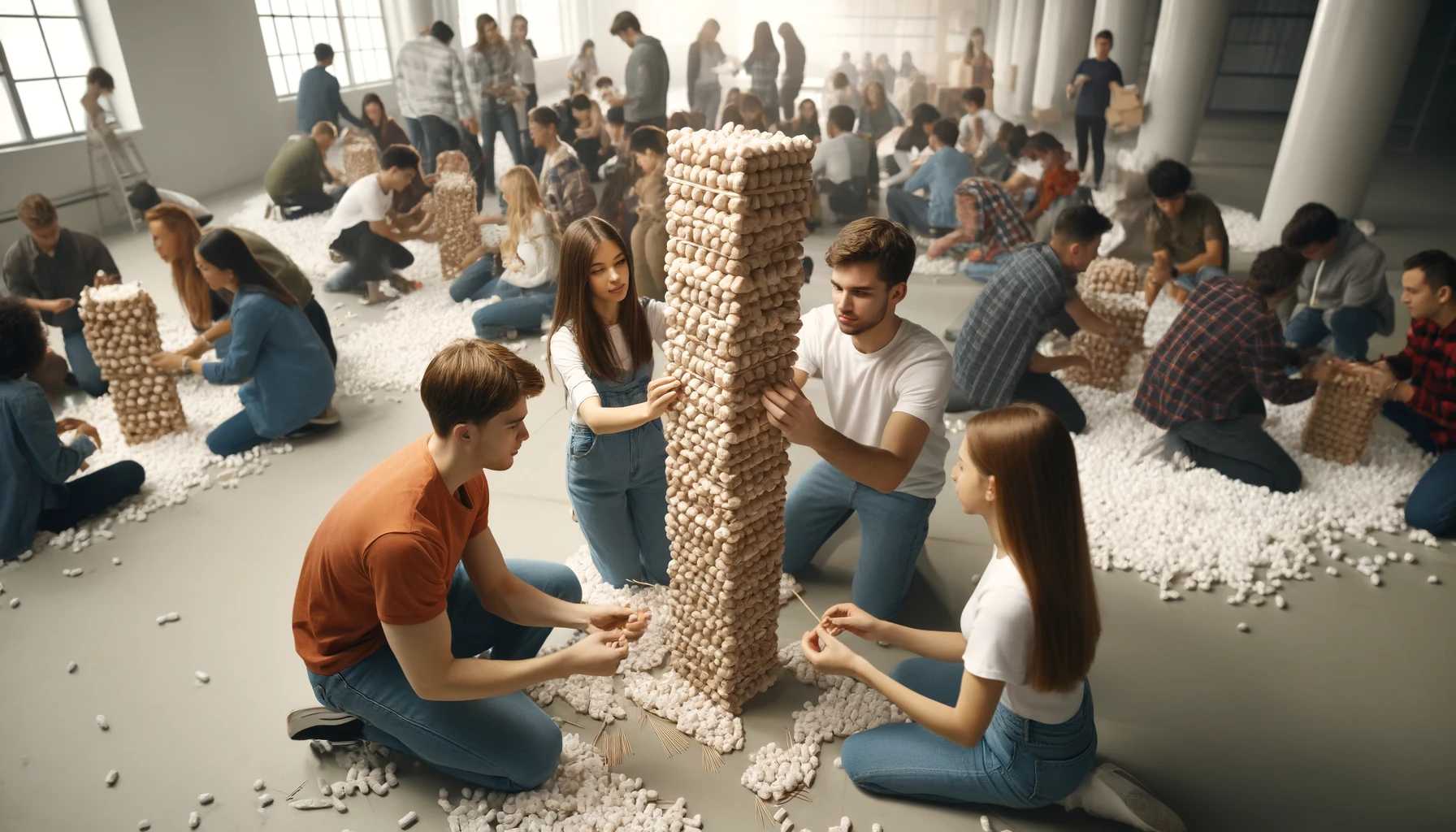 Engage in the Packing Peanut Tower team-building challenge! Build the tallest freestanding tower using packing peanuts and toothpicks.