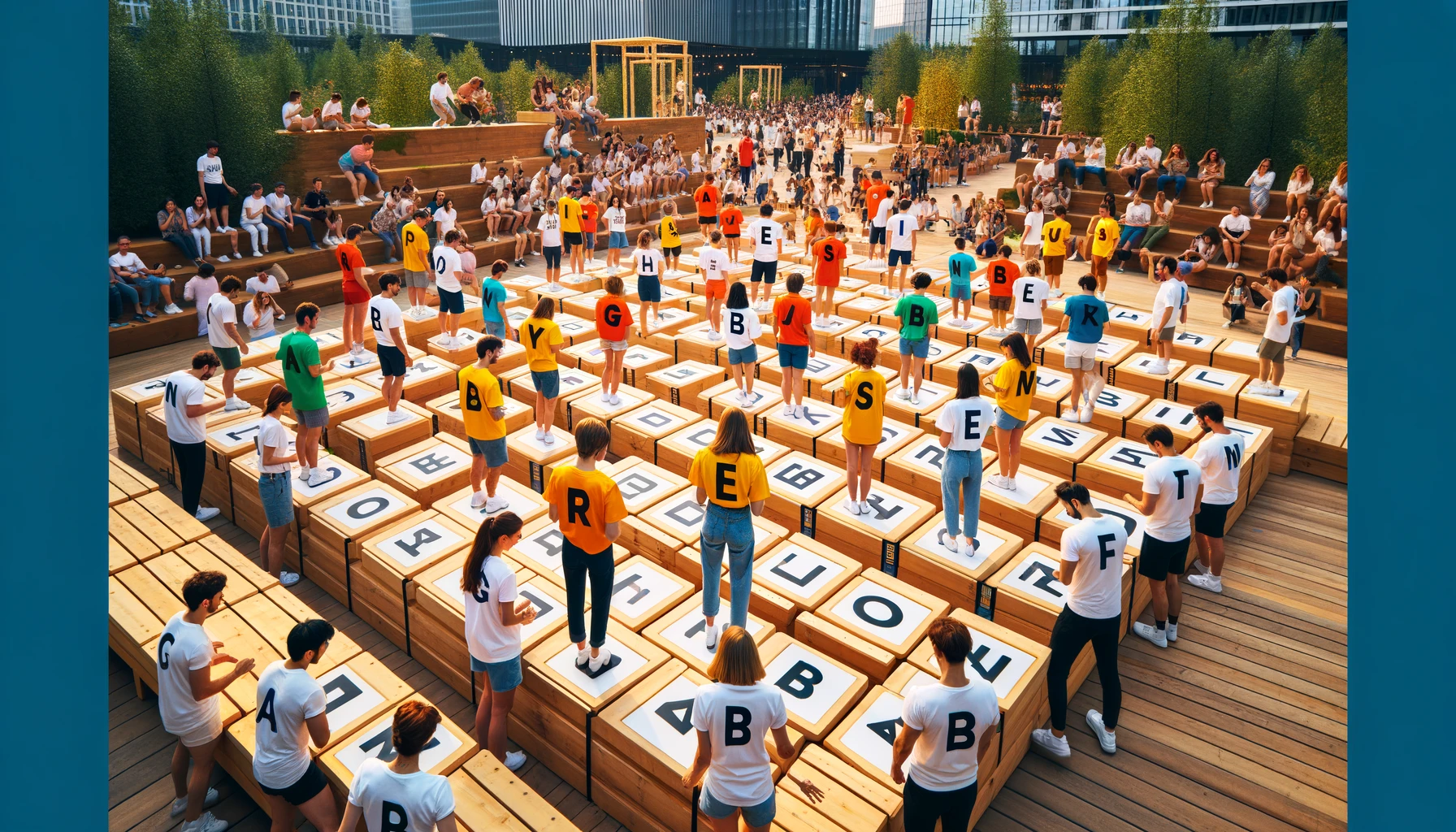 Rearrange your group to make words by wearing letters and facing obstacles like balancing on a plank. Lose points if a team member falls off.