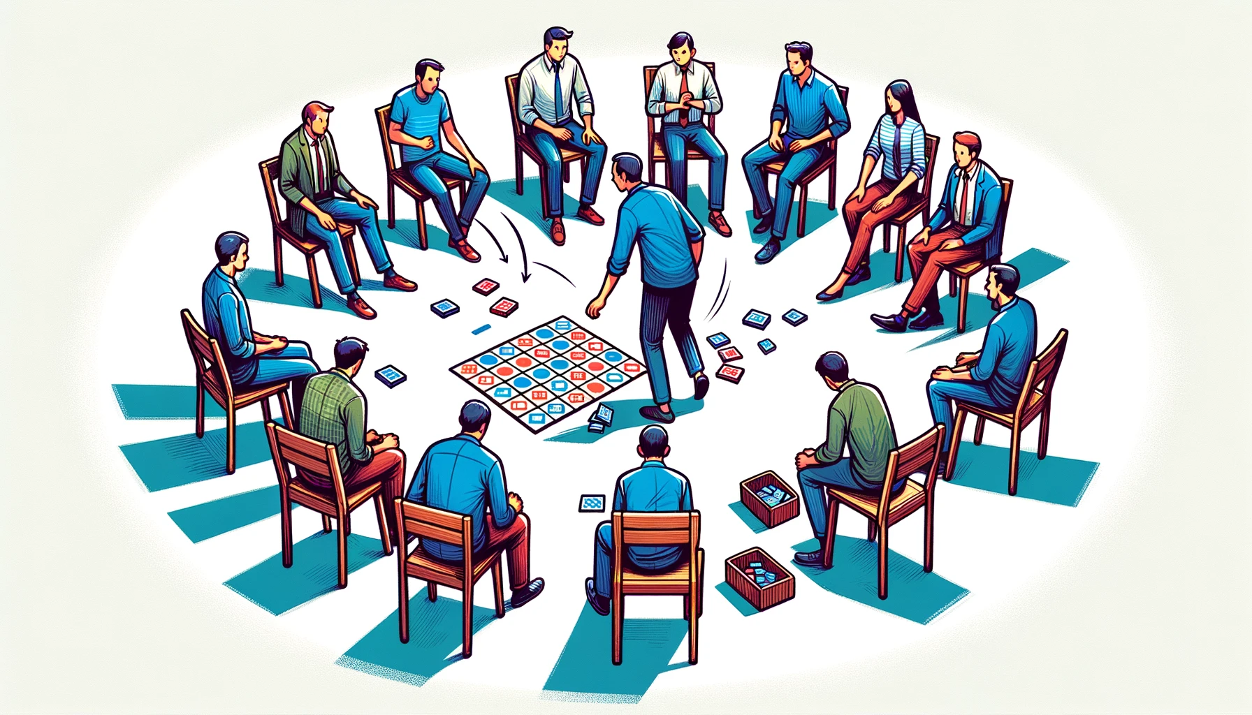 Play the Shuffle-Shuffle game! Sit in a circle of chairs, with one person standing in the middle trying to find a seat as others shuffle. Fun and engaging group activity.