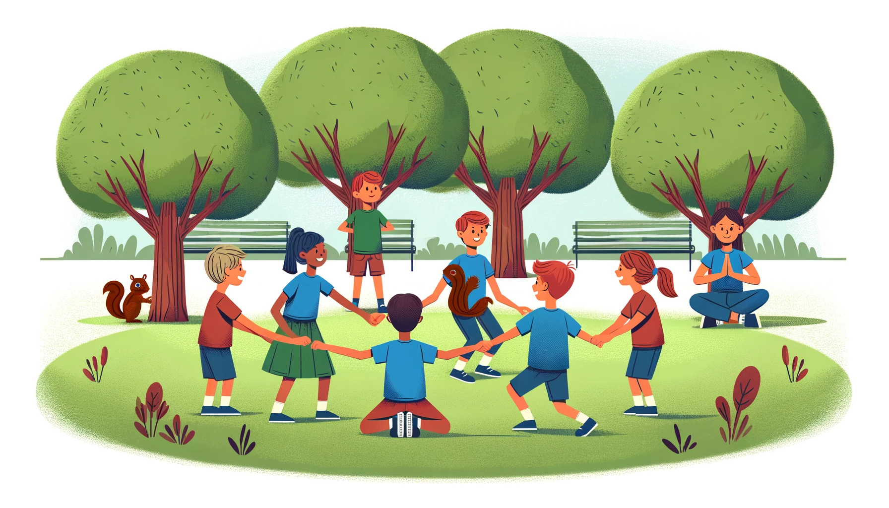 Play the Squirrels game activity! Trees and squirrels switch places on commands like "Hunter," "Fire," and "Earthquake." Fun, interactive group game for all ages!