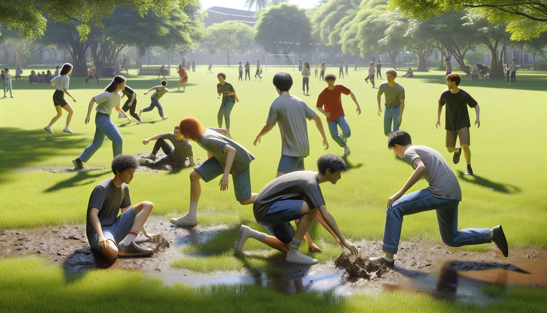 Stuck in the Mud game! One person tags to freeze others. Unfreeze by crawling under legs. Last unfrozen player becomes "it" next round.