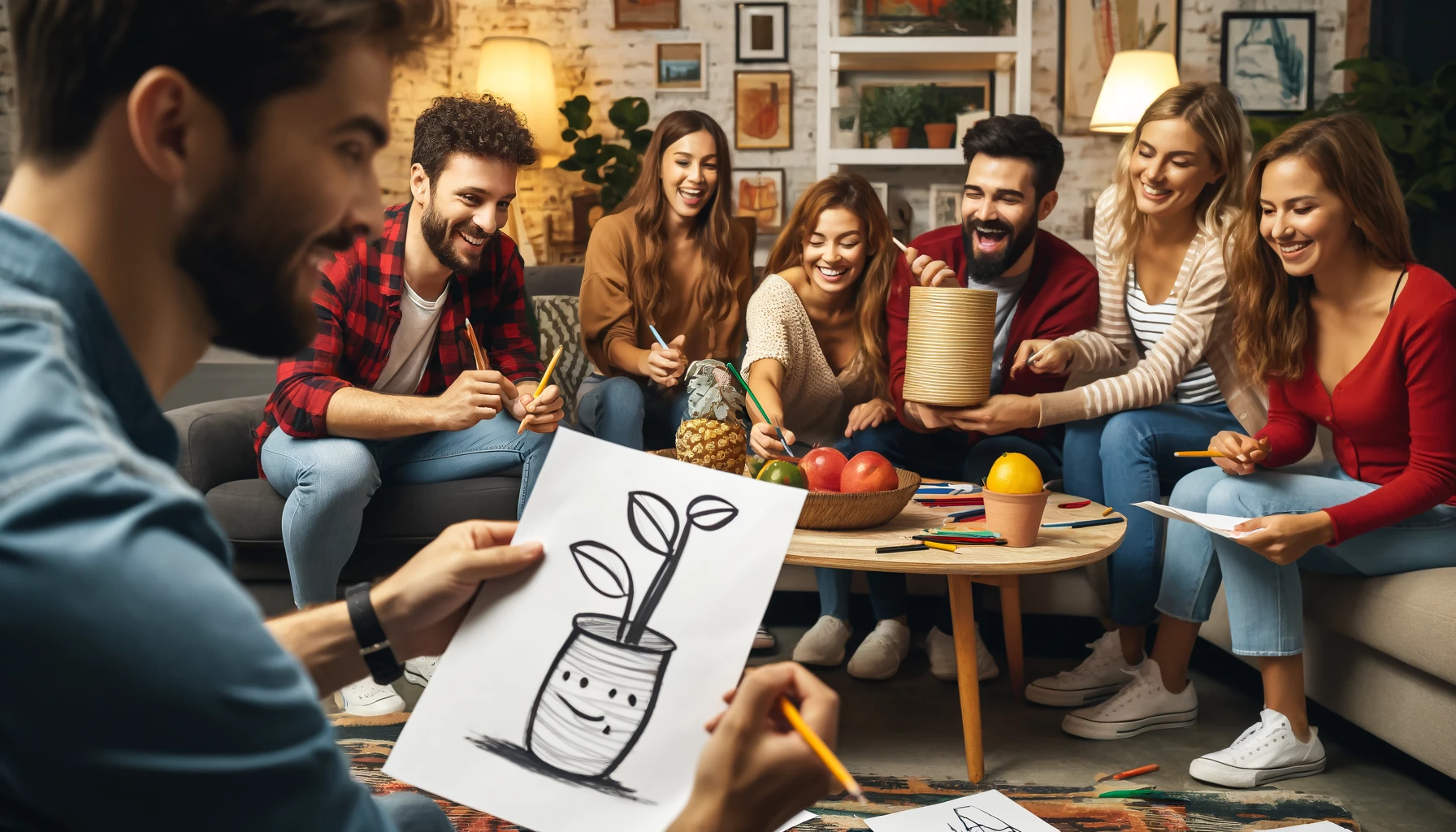 Play the describe and draw game! One person describes an object, others draw it, and then compare their drawings to see who came closest. Fun group activity!
