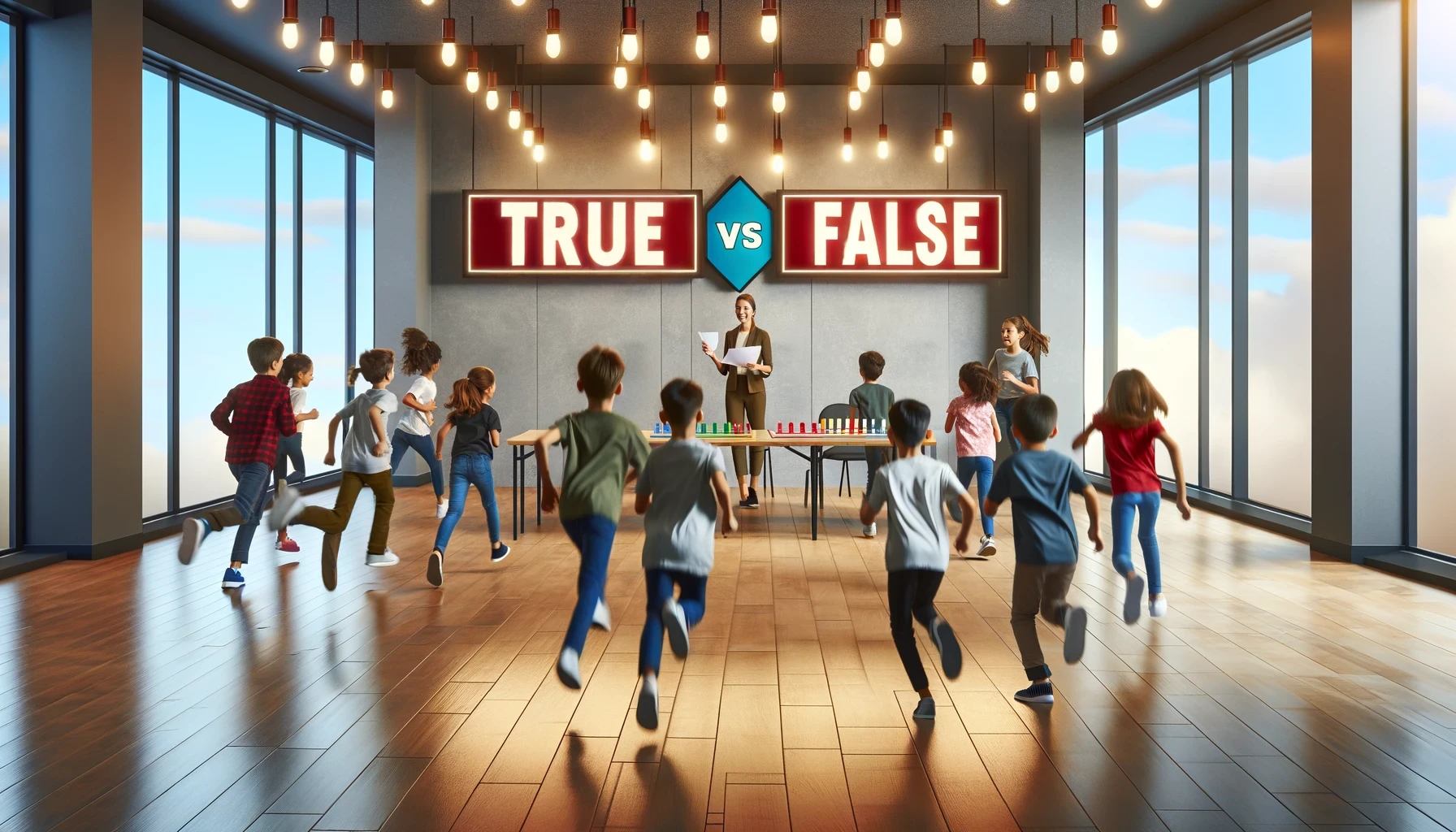 Play the True False Run game! Run to the 'true' or 'false' side based on statements read by the leader. First to reach the correct side wins or continues. Fun and educational!