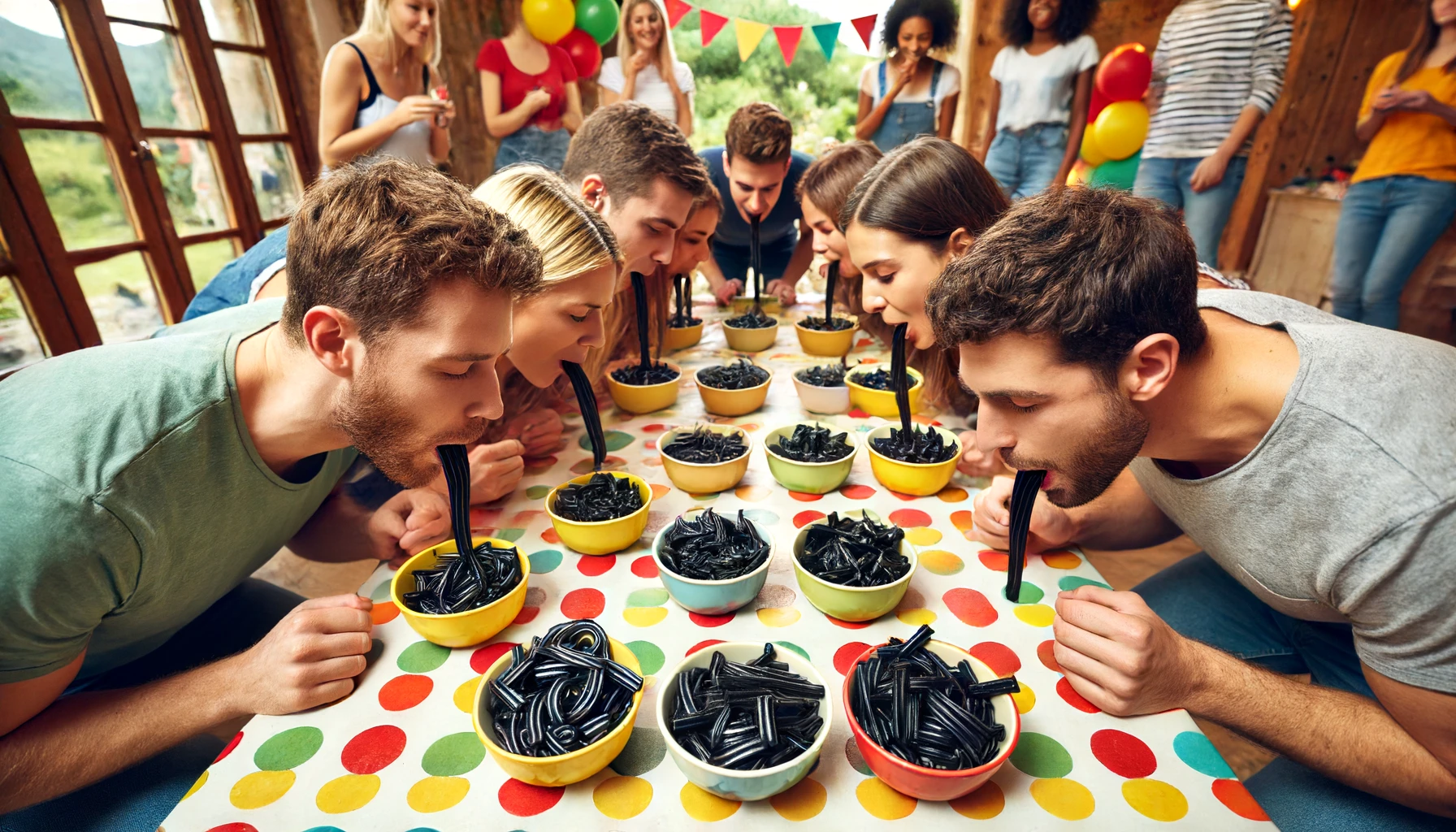 Join the Liquorice Eating Contest! Teams relay race to eat liquorice hands-free. Exciting and fun, perfect for team-building events.
