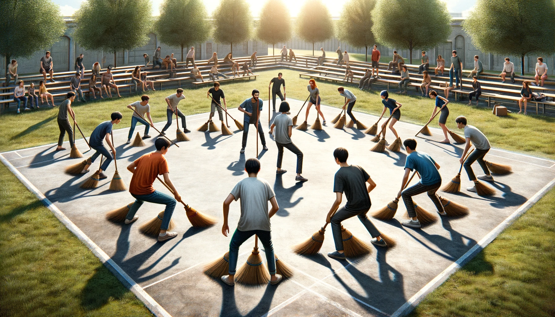 Learn to play the broom game with participants in a circle. Release and run to the next broom. The last person standing wins.