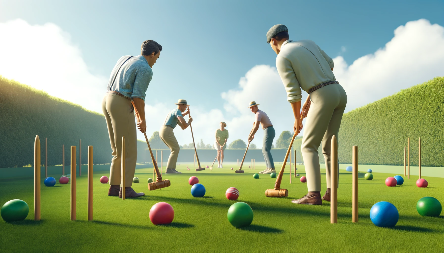 Play Croquet, the classic lawn game! Use a mallet to hit wooden balls through hoops and be the first to strike the finishing stake. Fun outdoor activity for all ages!