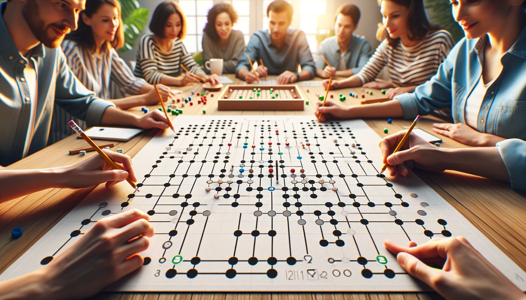 Play the Dots and Boxes game! Draw lines between adjacent dots to complete boxes and earn points. The player with the most points wins.