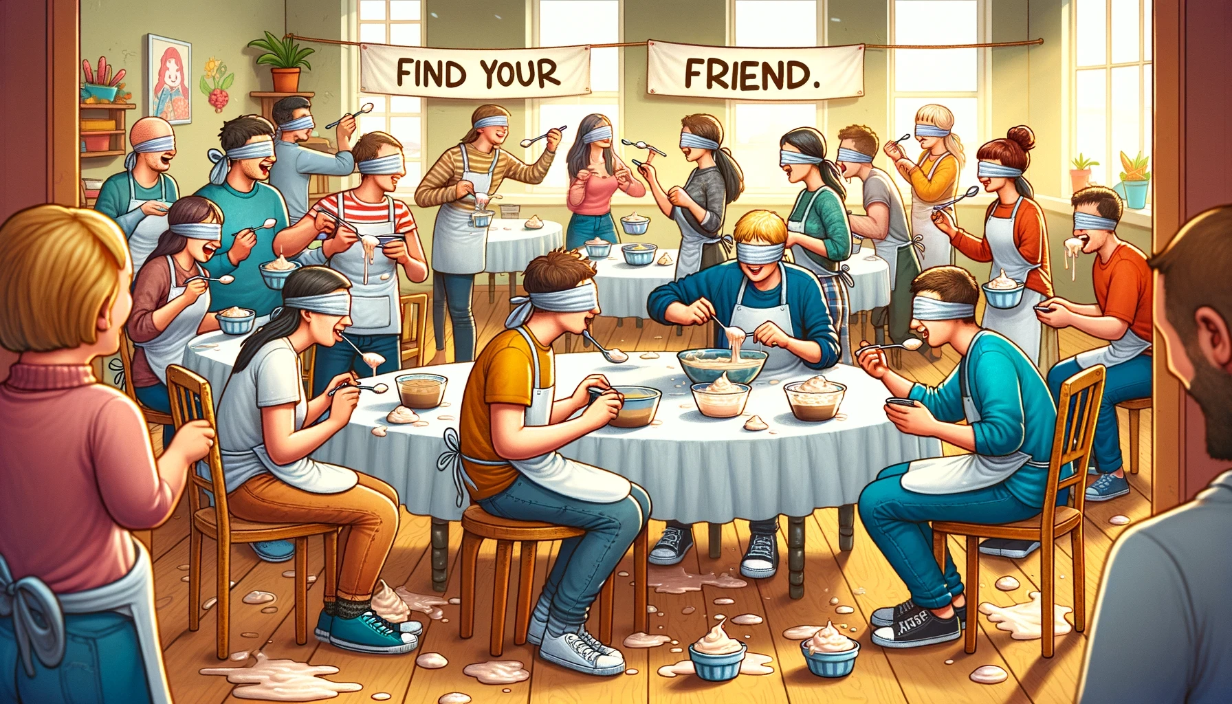 Enjoy Find your Friend, where partners spoon feed pudding to each other. The duo with the least pudding left wins!