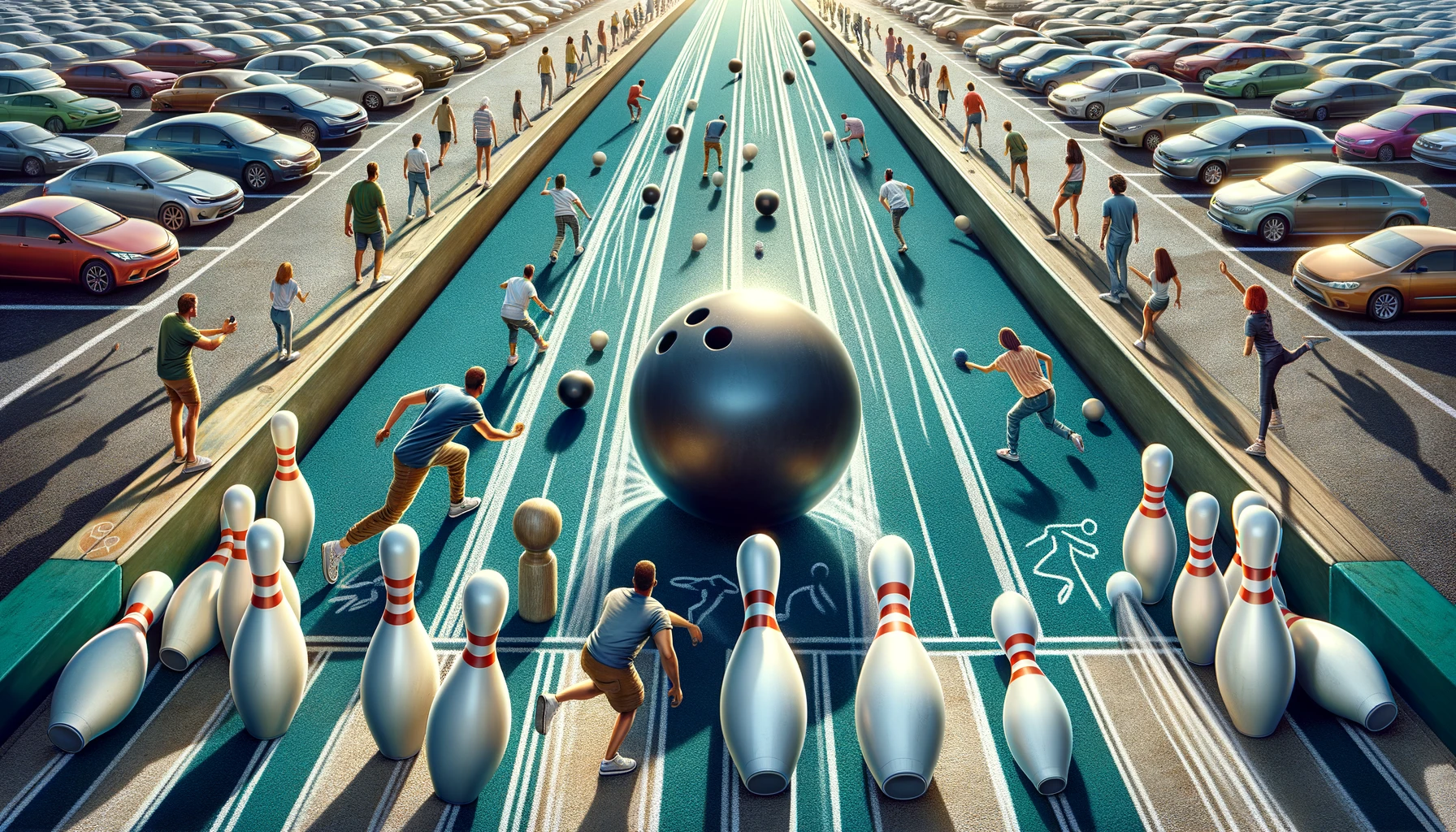 Set up a giant bowling alley in a carpark! Draw lines with chalk, bowl down the alley, and add challenges by kicking the ball.