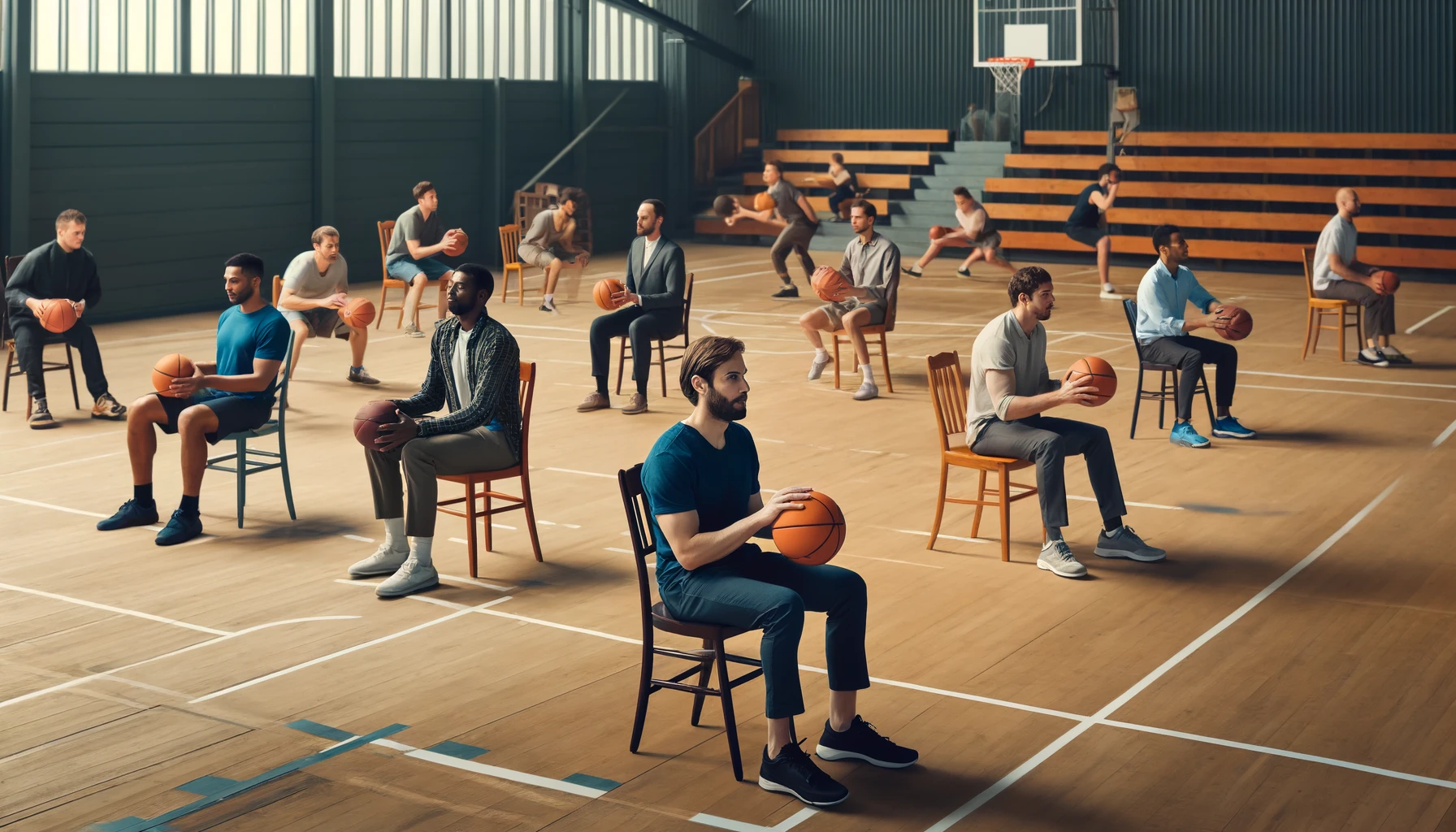 Play Seated Basketball! Form teams, sit in chairs, and shoot hoops or aim for a floor basket without moving. A fun and strategic twist on the classic game!