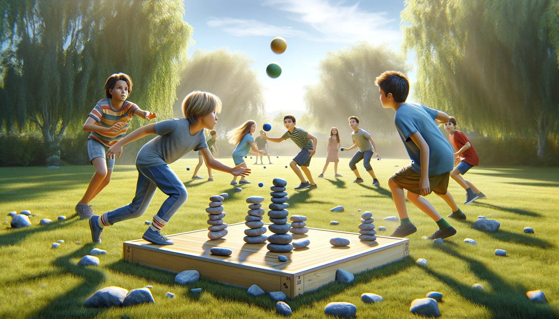 Play the traditional Seven Stones game! Teams alternate between attacking and defending, aiming to knock down and rebuild a stone stack while avoiding hits. Exciting team fun!