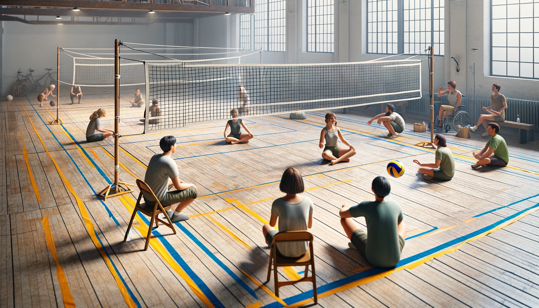 Sitting volleyball game with a homemade net using chairs and tape. It is played indoors with the same volleyball rules while sitting.