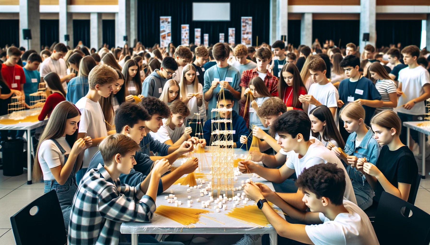 Participate In the tallest tower game! Each team builds the tallest tower using spaghetti and marshmallows. Fun and engaging for all ages!