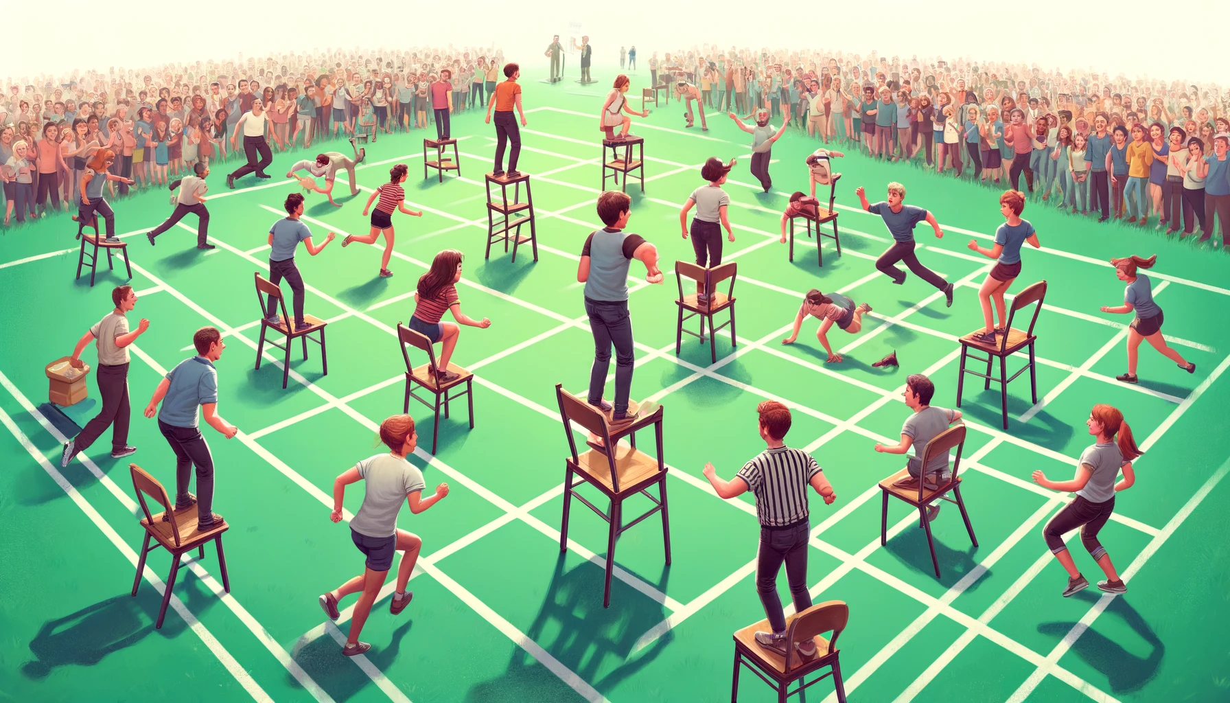 Join the Standing on Chairs Relay Race! Teams move from start to finish and back, standing only on chairs without touching the floor.