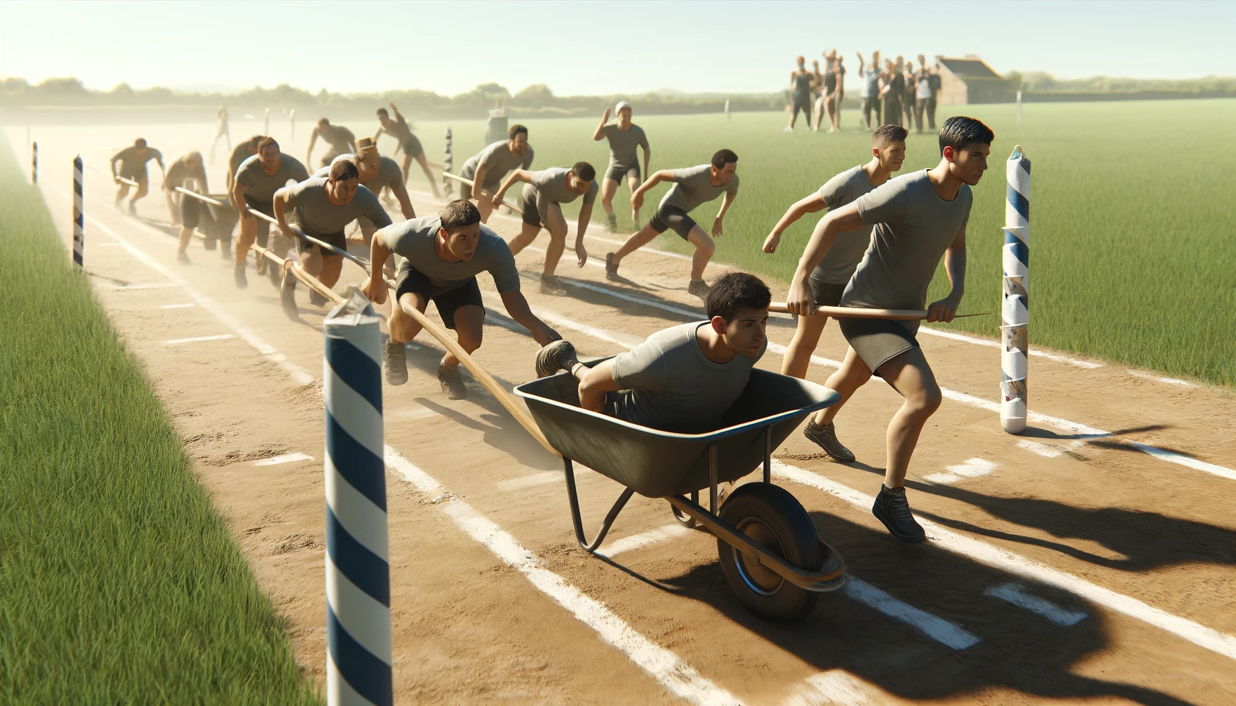 In the Wheelbarrow Relay Race game, teams compete by pushing players in a wheelbarrow around a pylon in a thrilling relay race.